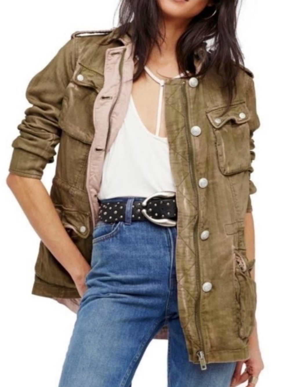 Free People Double Cloth Utility Military Jacket in Moss size large